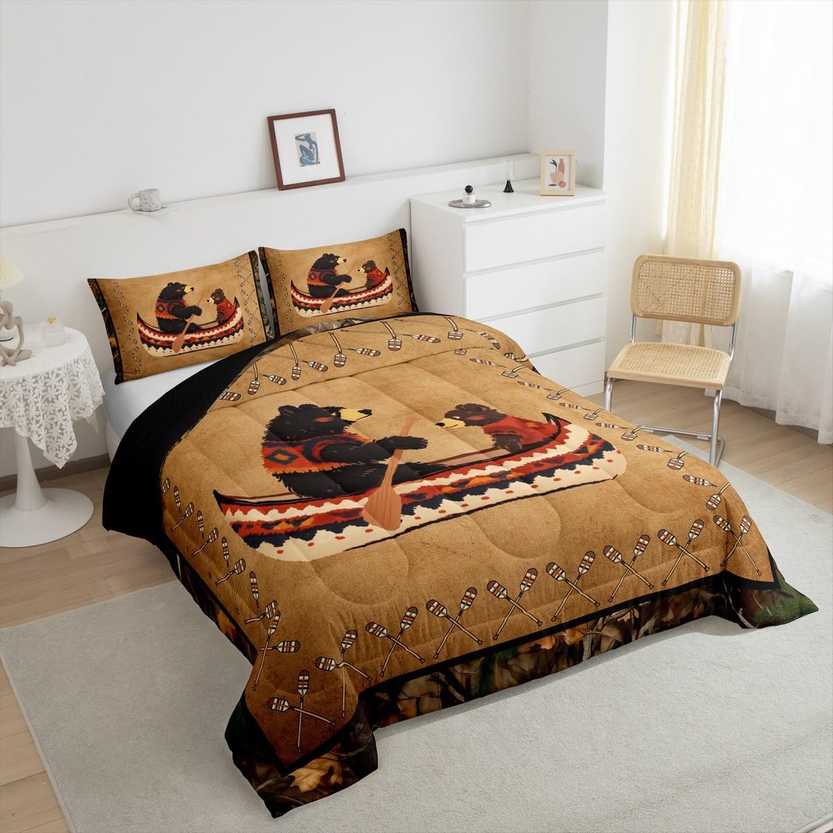 Feelyou Rustic Bear Bedding Set Toddler Size Kids Cabin Country Comforter Cover for Boys Girls Teens Boating Duvet Cover Clay Breathable Soft Lightweight Microfiber