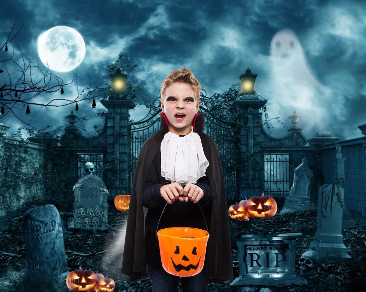 Condition photo showing New/Like New for happy halloween backdrop 10x8ft horrible graveyard pumpkin lantern night photography backdrop for halloween party decoration halloween photo studio props blue and white