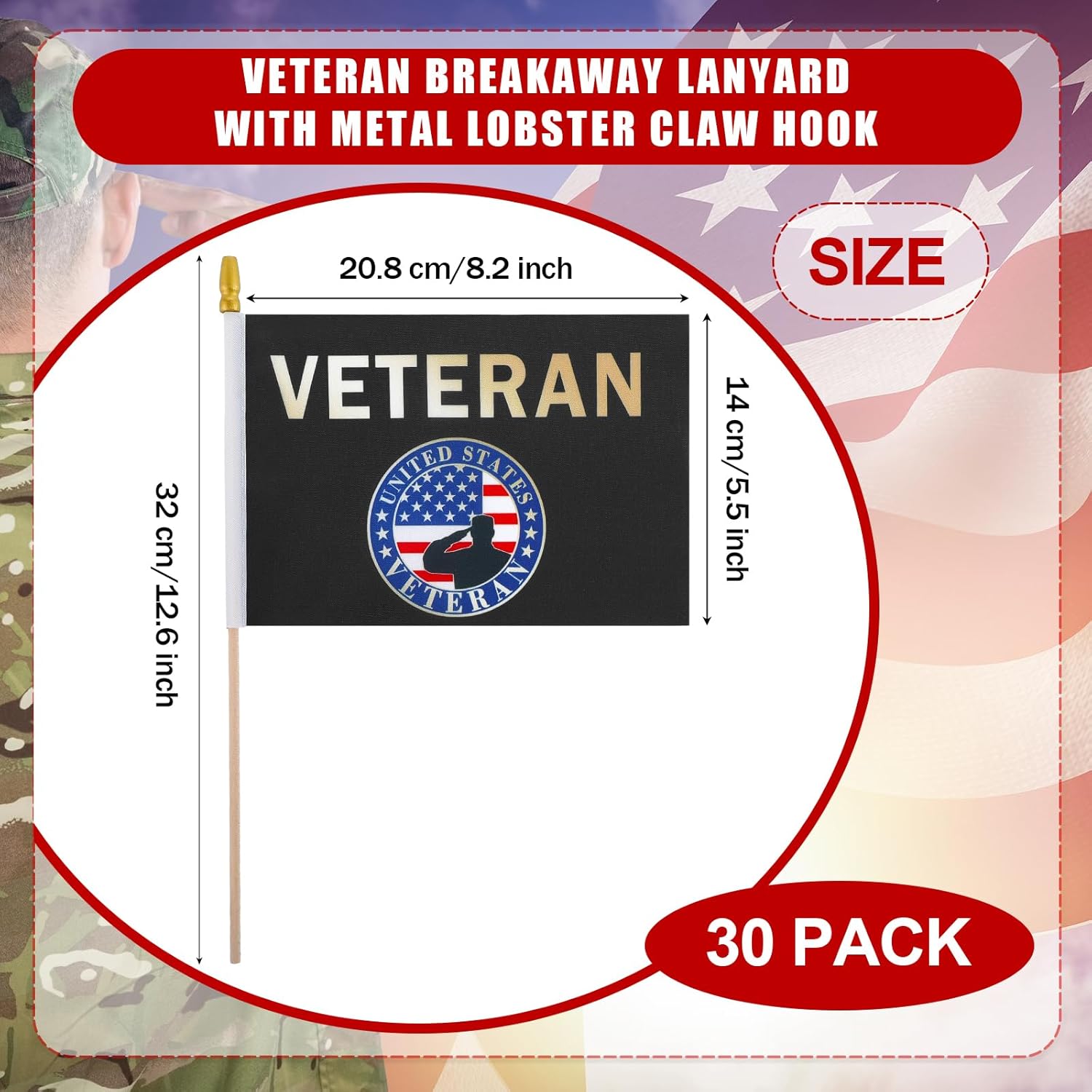 SmoothNovelty 30 Pack Veteran Flag Stick Handheld Mini Patriotic Parade Flags 5'' x 8'' Small Memorial Day Military Army Veterans Day Decorations for Honor Our Vets Patriotic Party Supplies