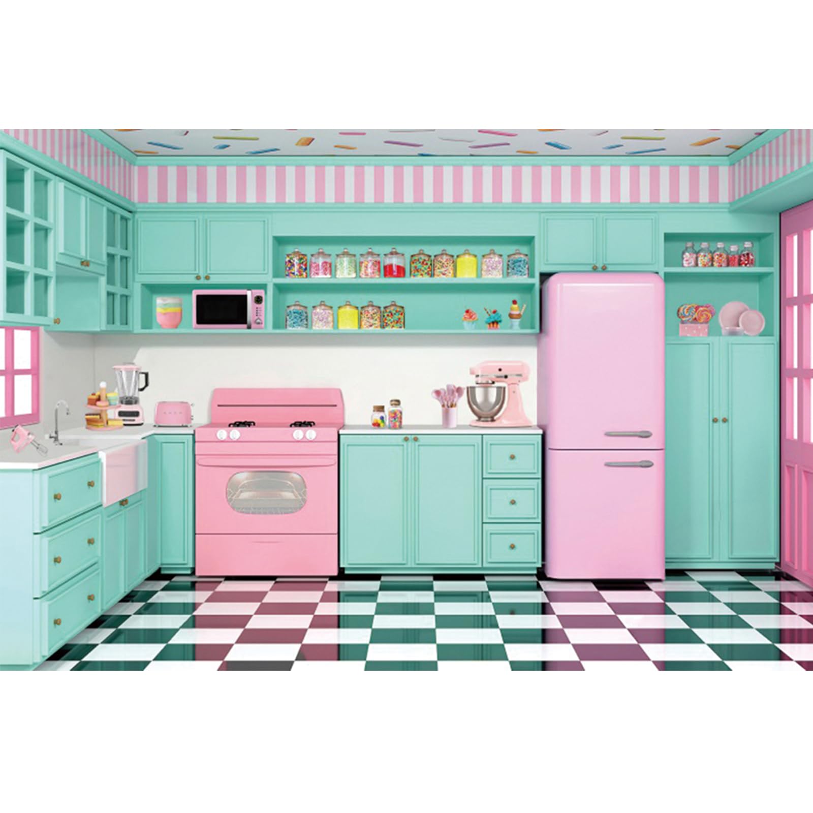 YongFoto Pink Green Retro Kitchen Backdrop 5x3ft Cooking Baking House Photography Background Cake Smash Sweet Baby Girl Birthday Party Banner Kids