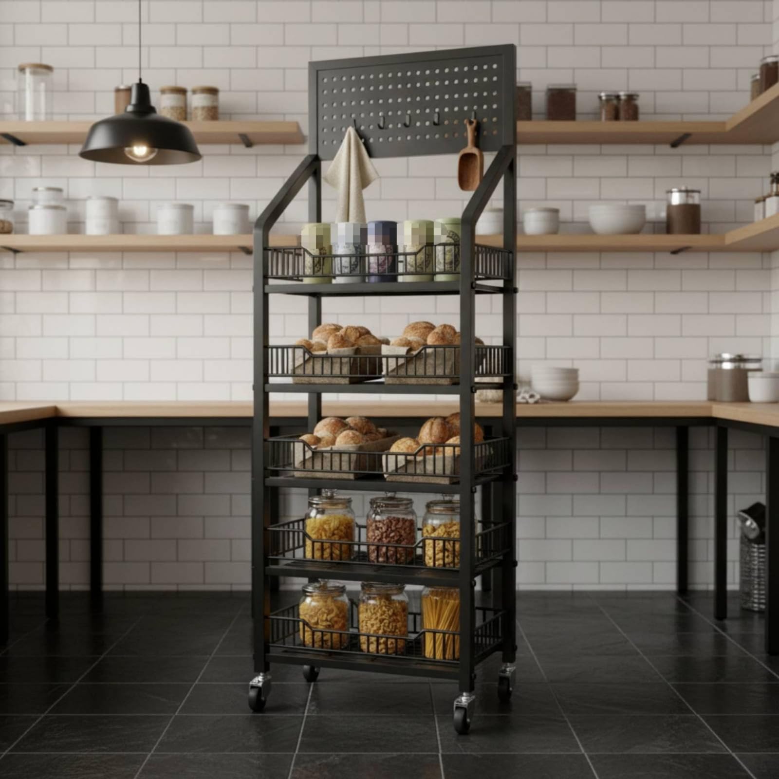 Gralara Estantería Metálica 5 Niveles Gran Capacidad Organizador Snacks con Ganchos Uso Profesional Metálico para Vendores, Tenros, Supermercados, Negro, 60cm