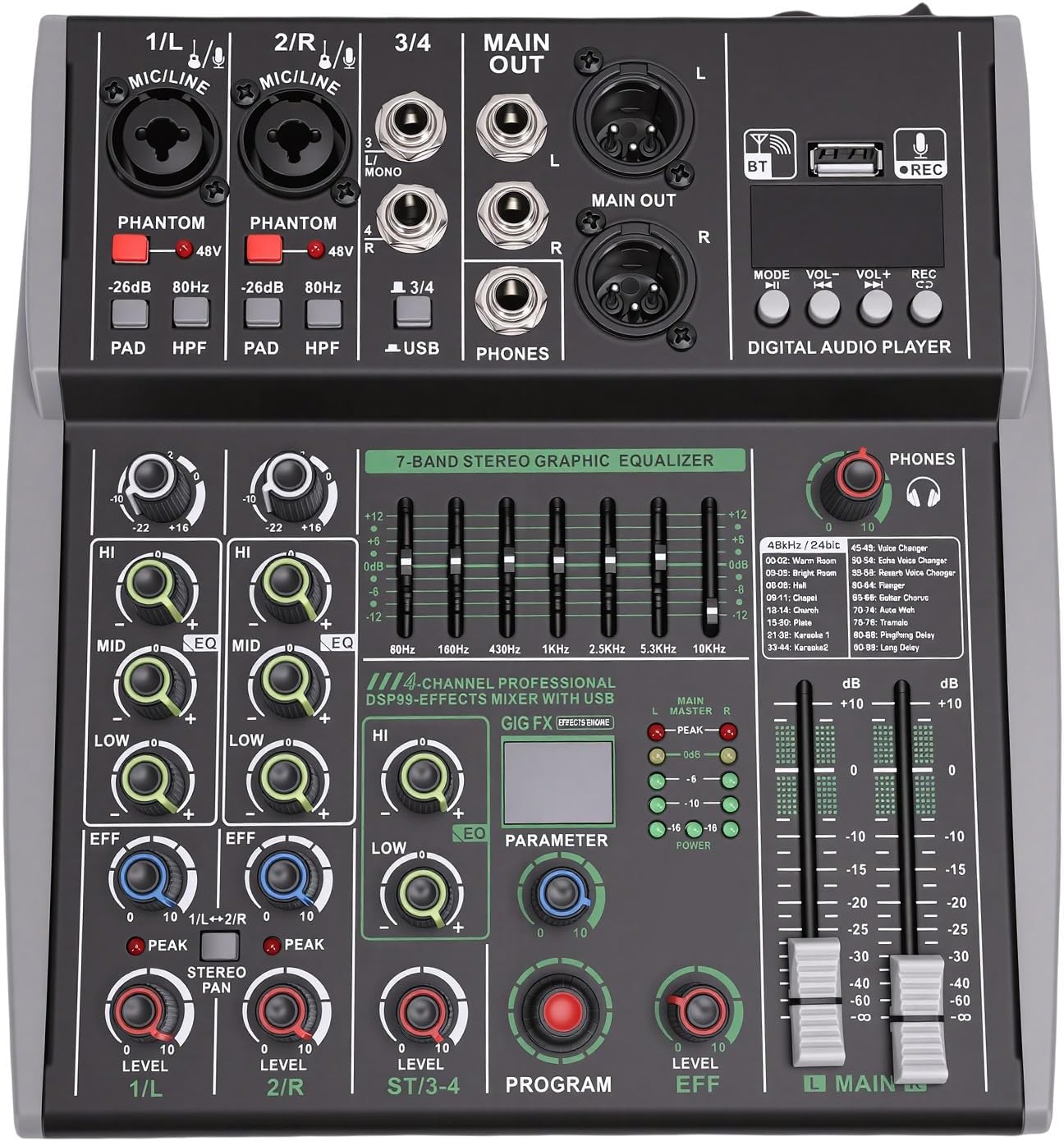 Audio Mixer, 4 Channel Sound Board Mixing Console with 99 DSP Effects, 7 Band EQ, USB Bluetooth MP3 Input, 48V Power for PC Studio Karaoke Live Streaming Recording (US Plug)