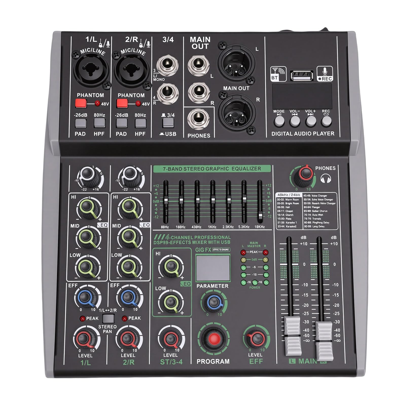 Mezclador de DJ Bluetooth de 4 Canales Consola de Mezcla de Audio, 99 Efectos EQ de 7 Bandas, Interfaz USB de Alimentación Fantasma de 48 V para Grabación en Karaoke Podcast (Enchufe de la