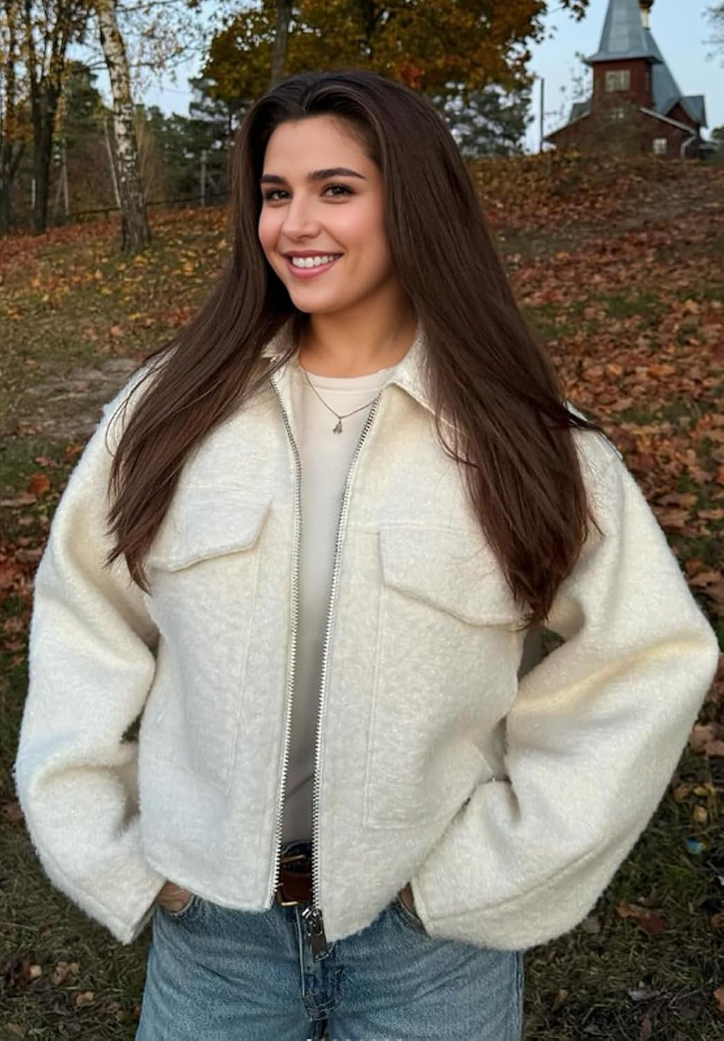 hathne Women's Wool Coat Casual Copped Bomber Jacket Zip Up Fall Shacket Coat Outerwear with Pockets - Image 8