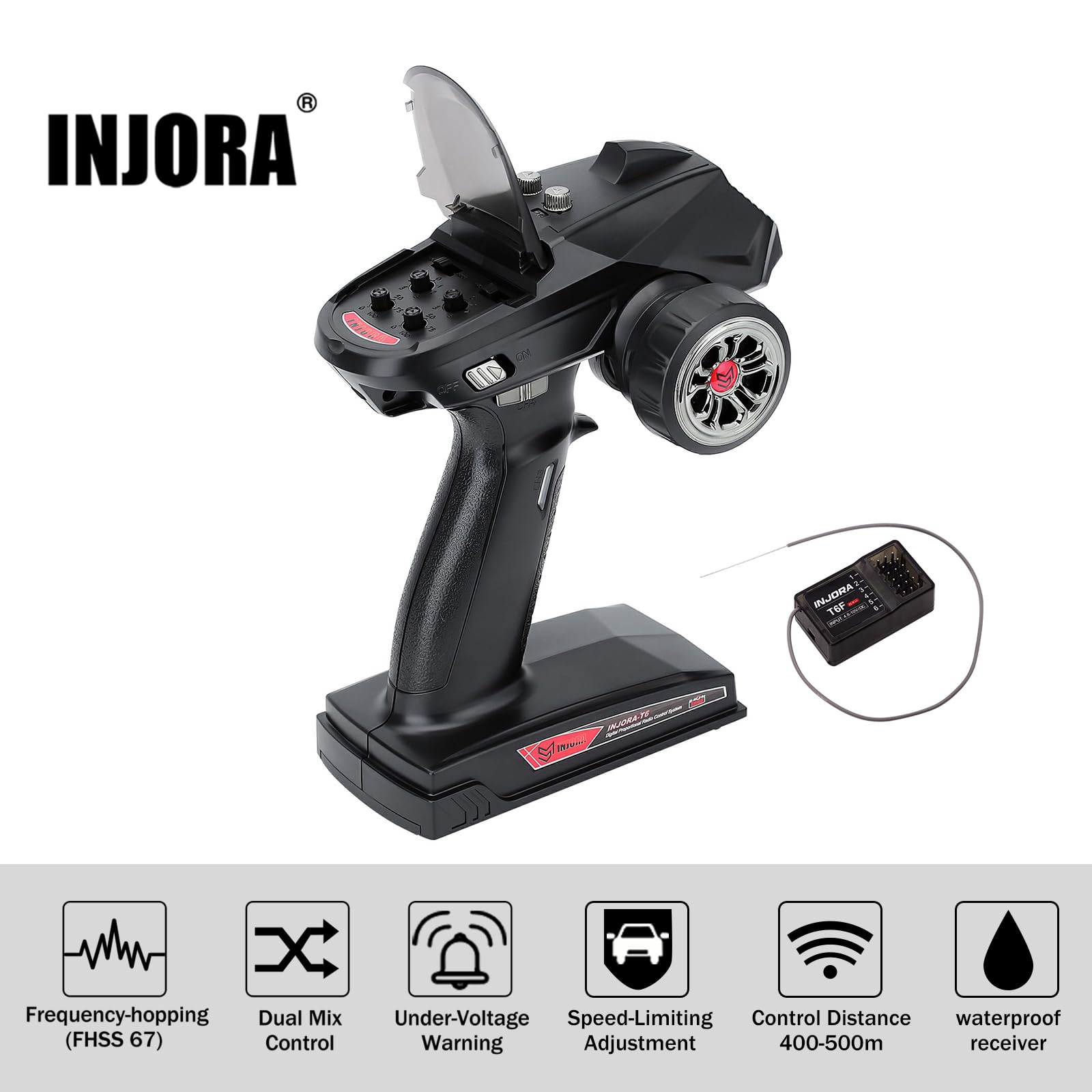 INJORA RC Trasmettitore 2.4GHz 6CH Controler e ricevitore per 1/8 1/10 RC Car Boat Tanks Crawler TRX4 SCX10（T6F）
