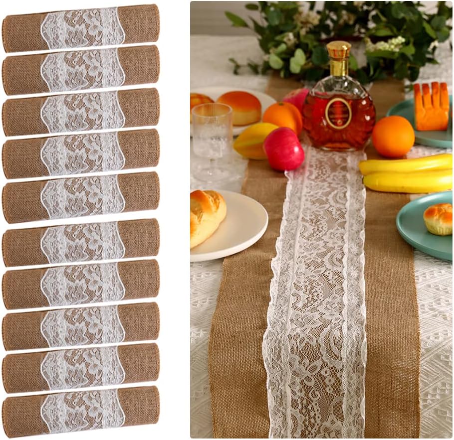 Burlap Table Runners, 10 Pack Burlap Lace Table Runner 108 Inches Long, Jute Rustic Farmhouse Decorations for Wedding, Thanksgiving, Christmas.