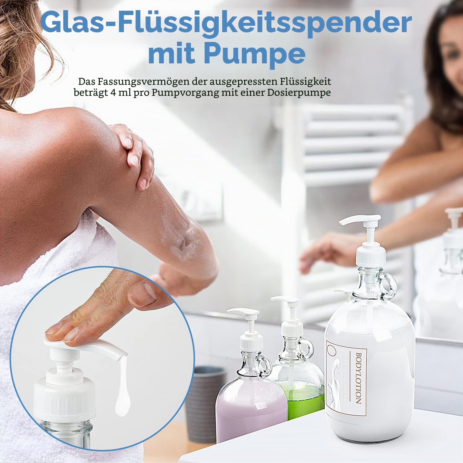 Sovietiep Waschmittelspender mit Pumpe und Deckel, 1,8 l, Glaspumpflasche für Waschseifenspender, Flüssigwaschmittel, Weichspüler-Spender, extra Etikett, Trichter, 2 Stück