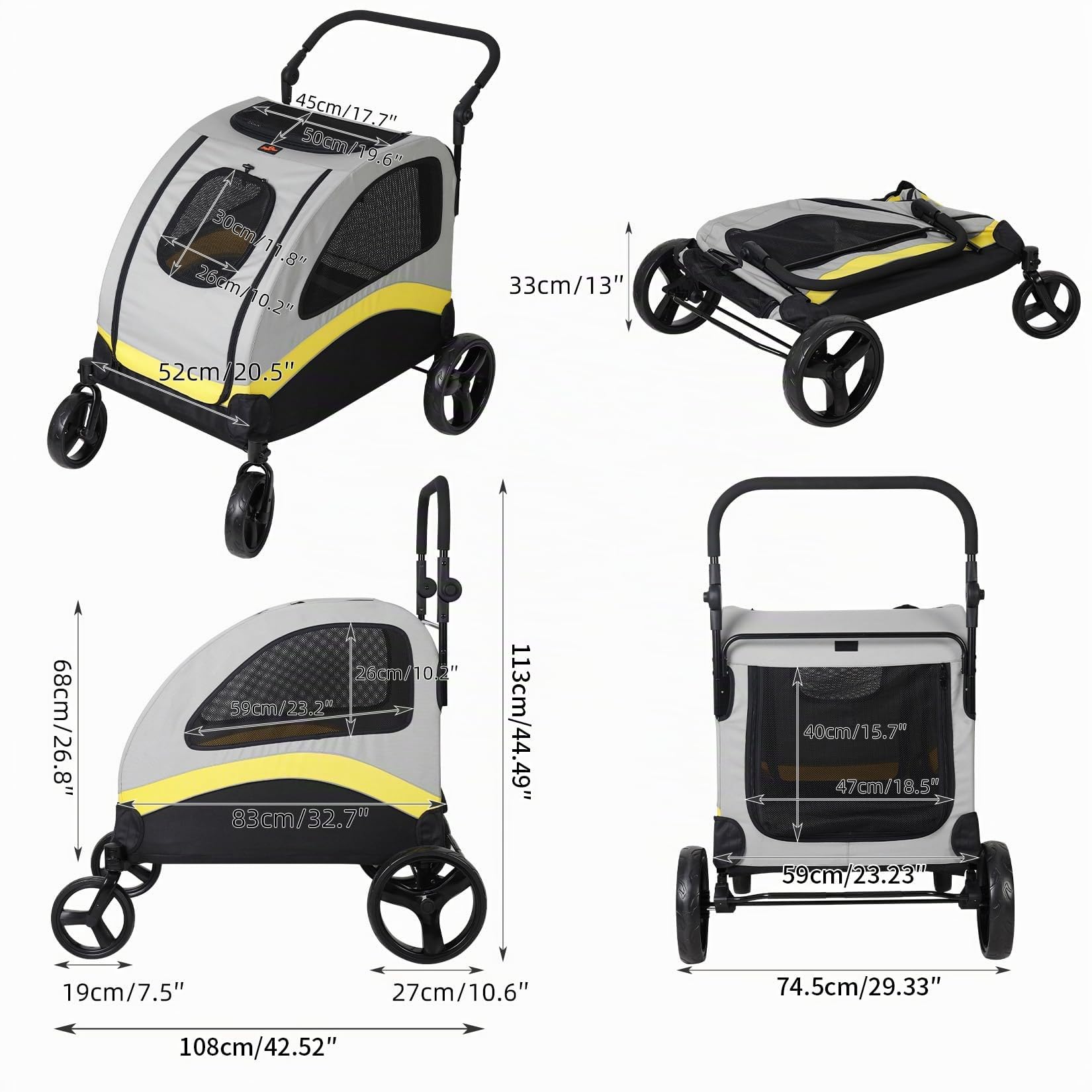 BingoPaw Carro Perro Hasta 50 kg: Carrito para Perros Paseo Extra Grandes Plegable Cochecito para Mascotas Mediano con Marco de Acero, Ruedas Amortiguadoras y Frenos, L 108 x A 74 x AL 113 cm
