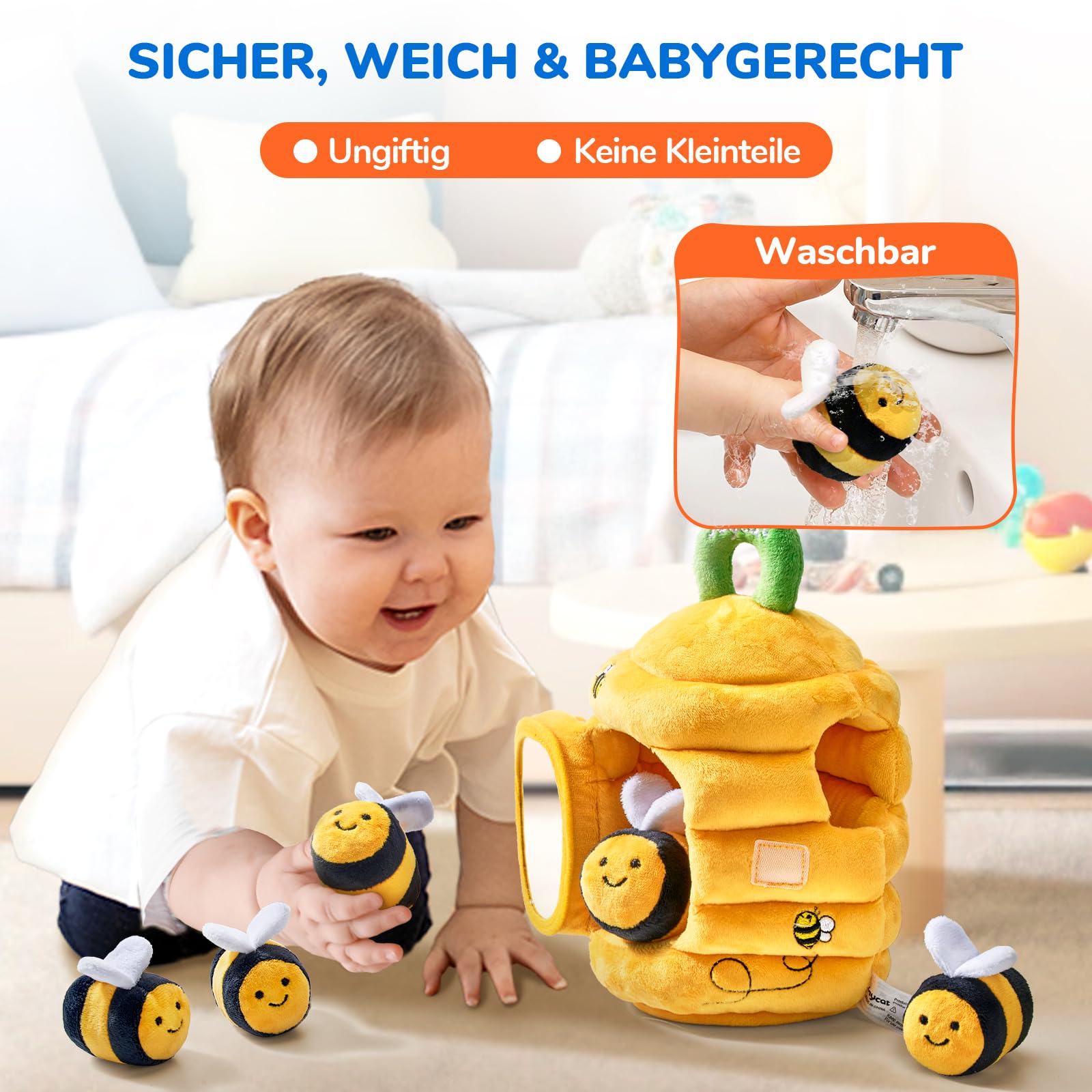 JoyCat Baby Spielzeug 6-12 Monate, Sensorik Spielzeug Baby Bienenstock mit 5 Bienen Spielzeug, Rassel, Spiegel, Montessori BabySpielzeug, Motorikspielzeug Geschenke für 6 8 9 12 Monate