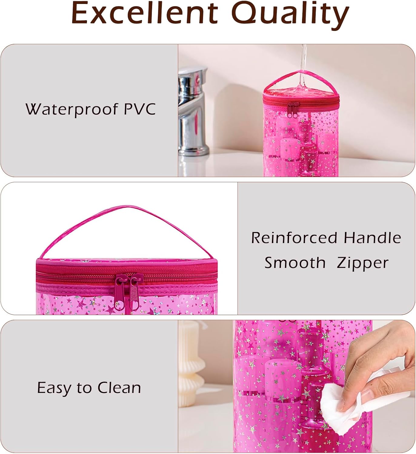 Clear Star Lotion Cylinder Bag for Toiletry,Waterproof PVC Sunscreen Travel Makeup Bag,Top Handle Cosmetic Bag Gift for Beach and Pool(01Hot Pink) - Image 5