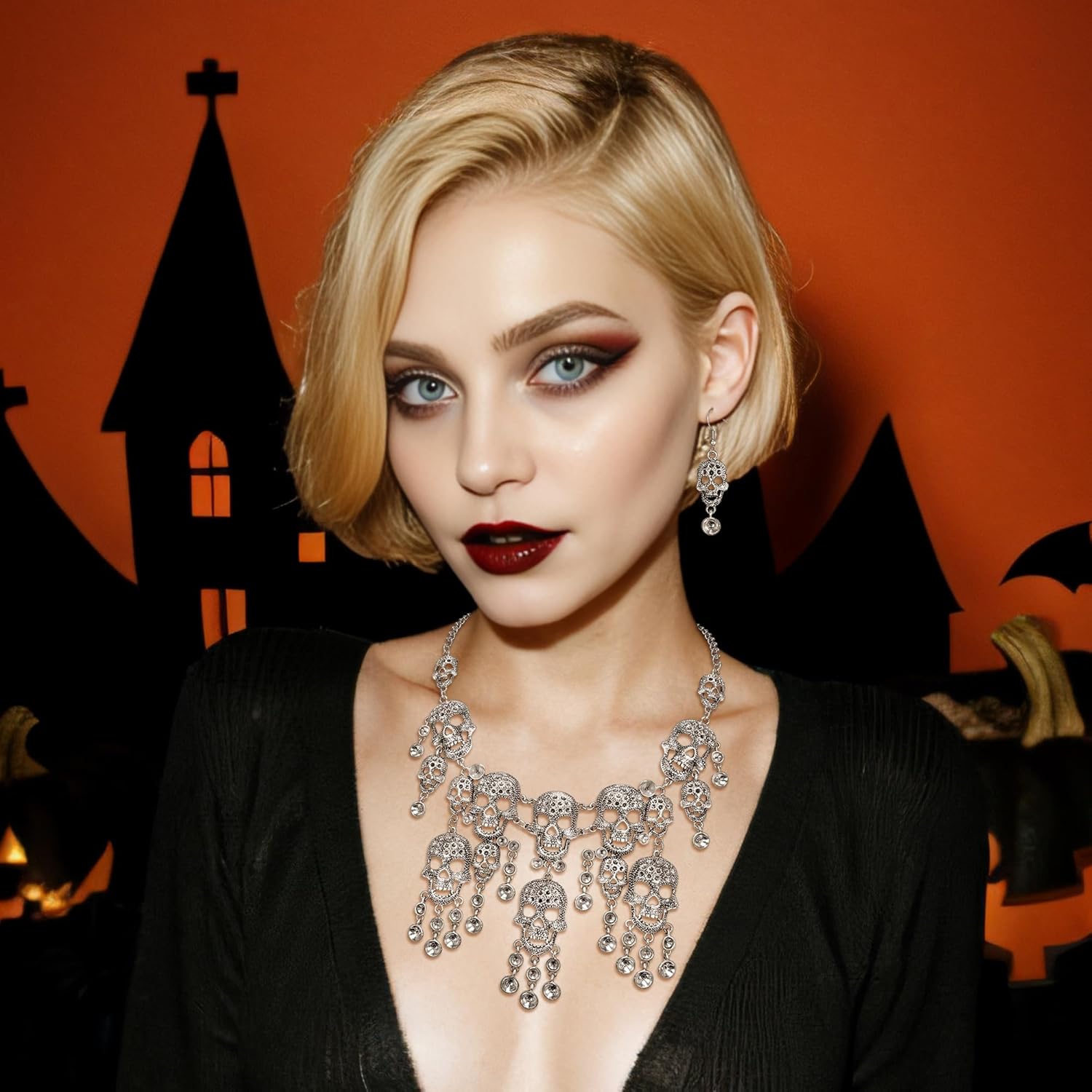 EVER FAITH Halloween Jewelry Accessories Costume Punk Gothic Skeleton Skull Bib Statement Collar Necklace Dangle Earrings Set for Prom Party - Image 2