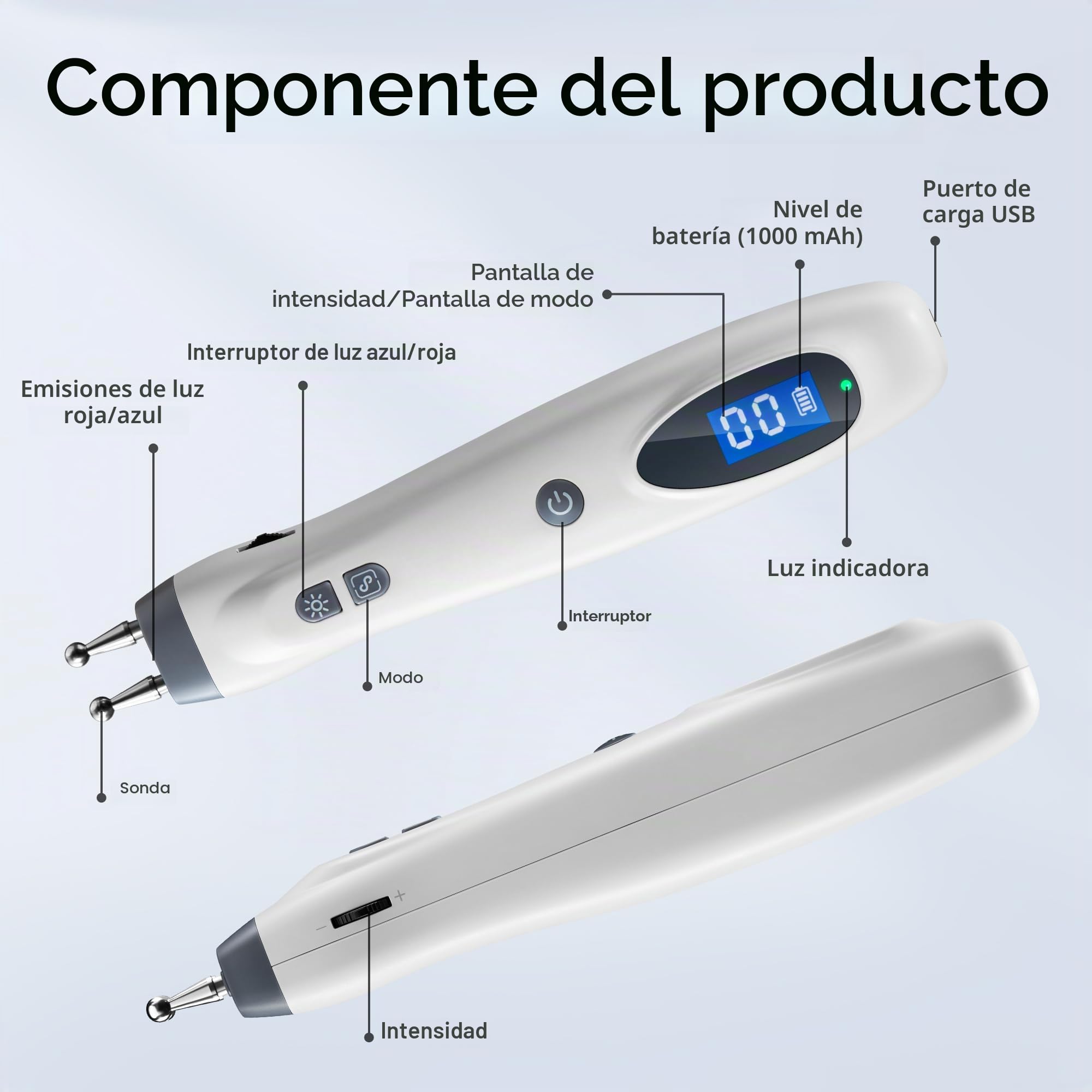 Pluma Eléctrica de Acupuntura Recargable - Pointer Fisioterapia de Puntos de Acupresión, Masajeador Muscular y Terapia Estimuladora para Alivio del Dolor