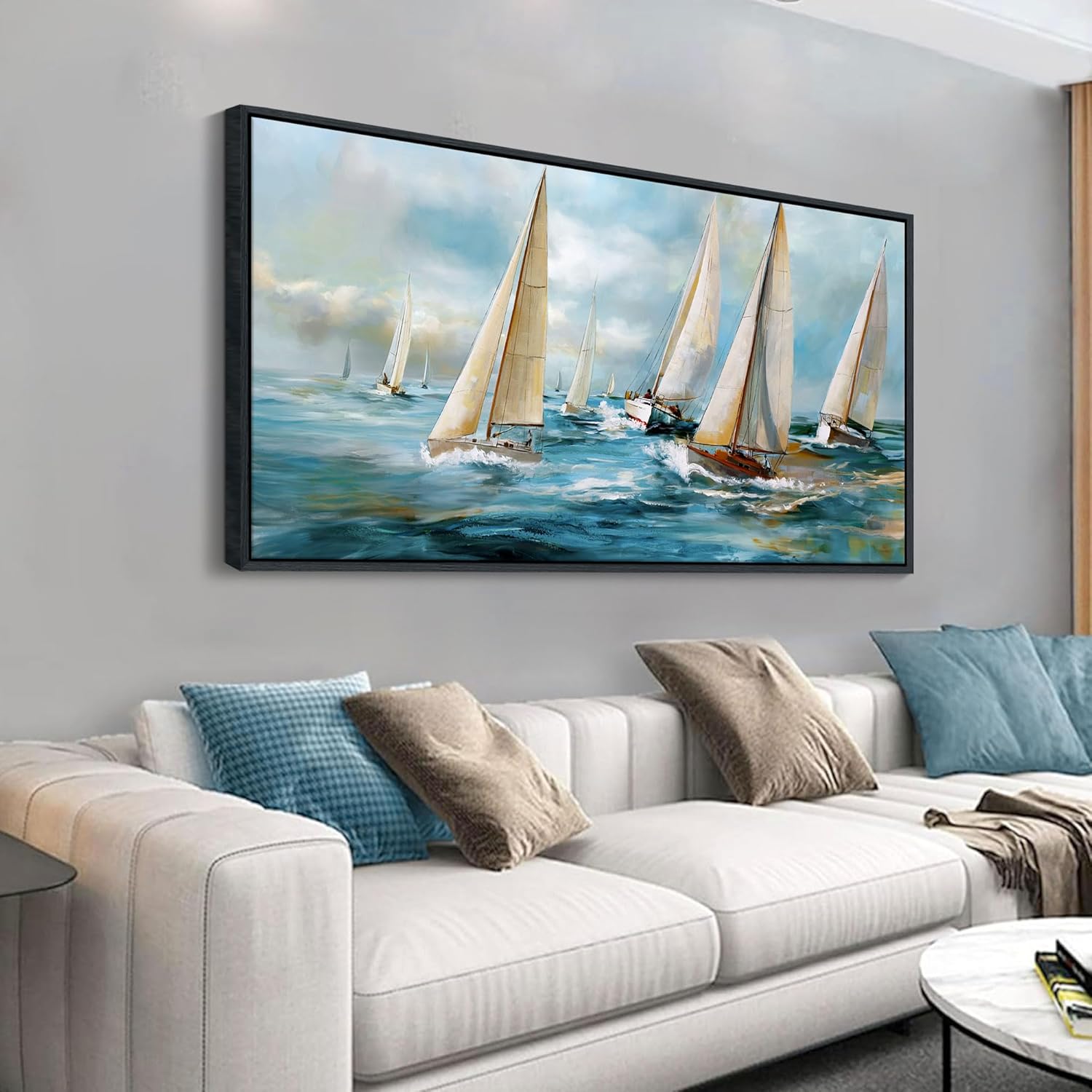 YDYSUNE Sailboat Wall Art - Blue Canvas Retro Painting Textured Picture Artwork Vintage Nautical Large Painting Coastal Modern Print Frame for Living Room Bedroom Home Decoration 24x48inch