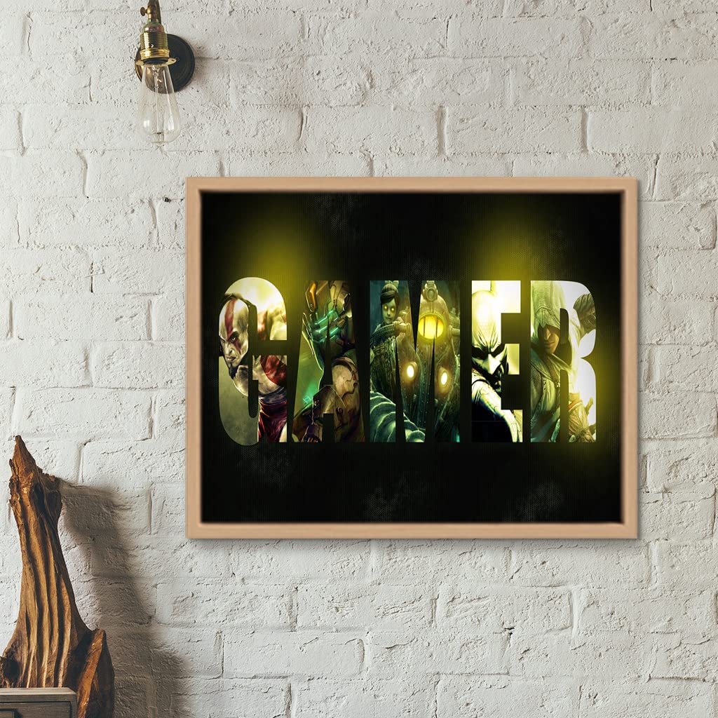 VERRE ART Printed Framed Canvas Painting for Home Decor Office Studio Wall Living Room Decoration (22x14inch Wooden Floater) - God_of_War-Dead_Space-BioShock_2