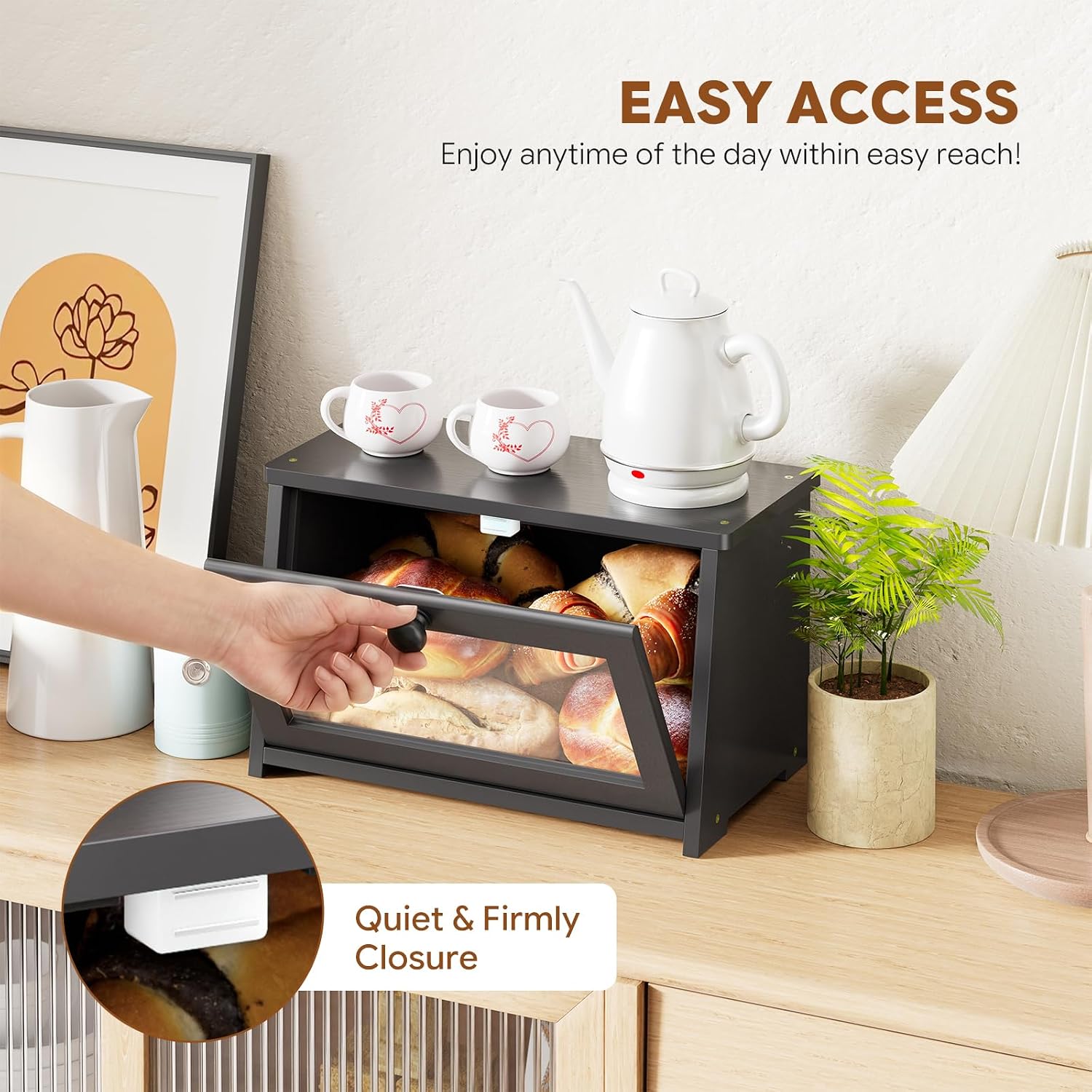 Simple Trending Bread Box for Kitchen Countertop, Large Bamboo Bread Storage with Window, Farmhouse Bread Container for Cabinet Pantry, Black