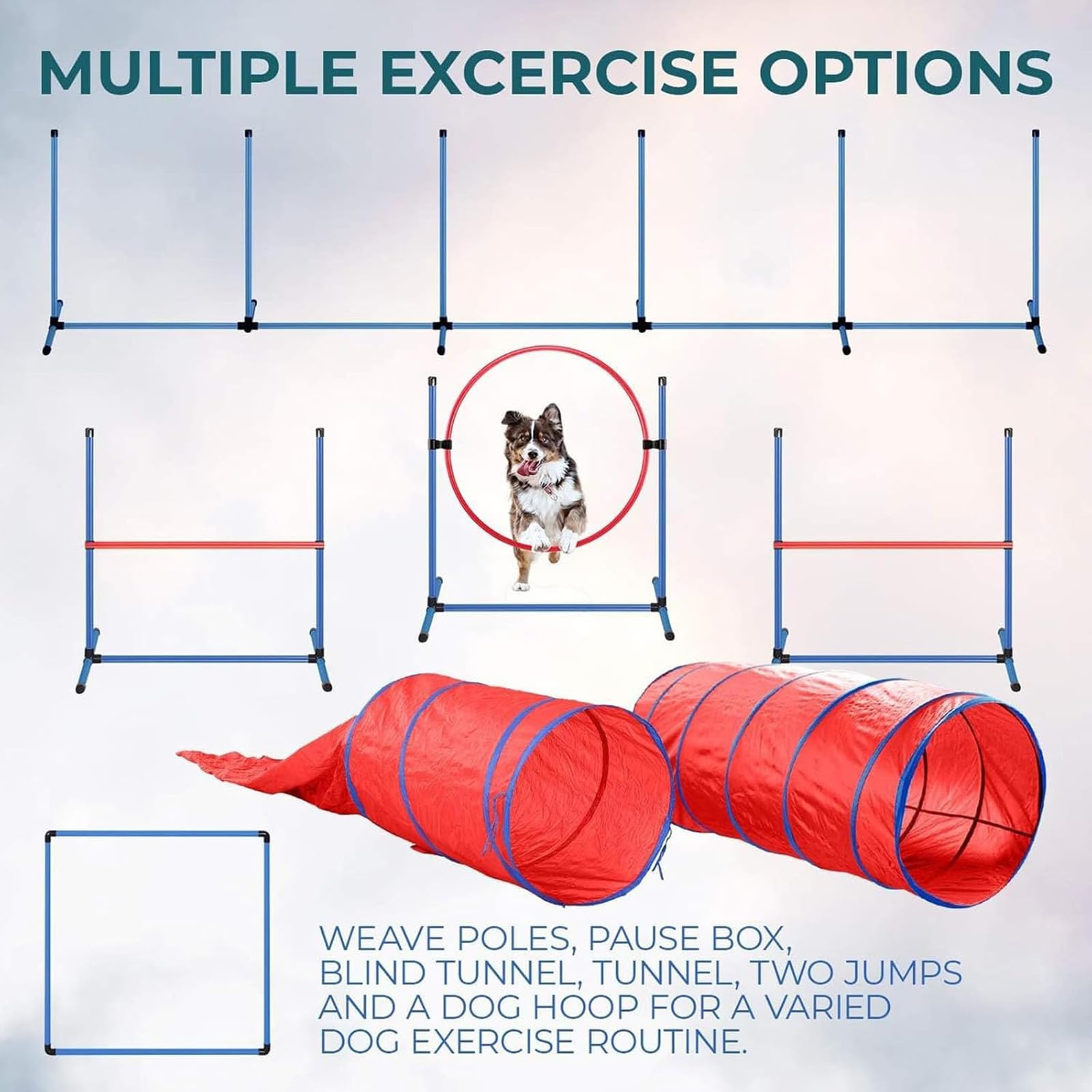 Kit de iniciación de entrenamiento de agilidad para perros con obstáculos ajustables y túnel de juego para uso en interiores y exteriores