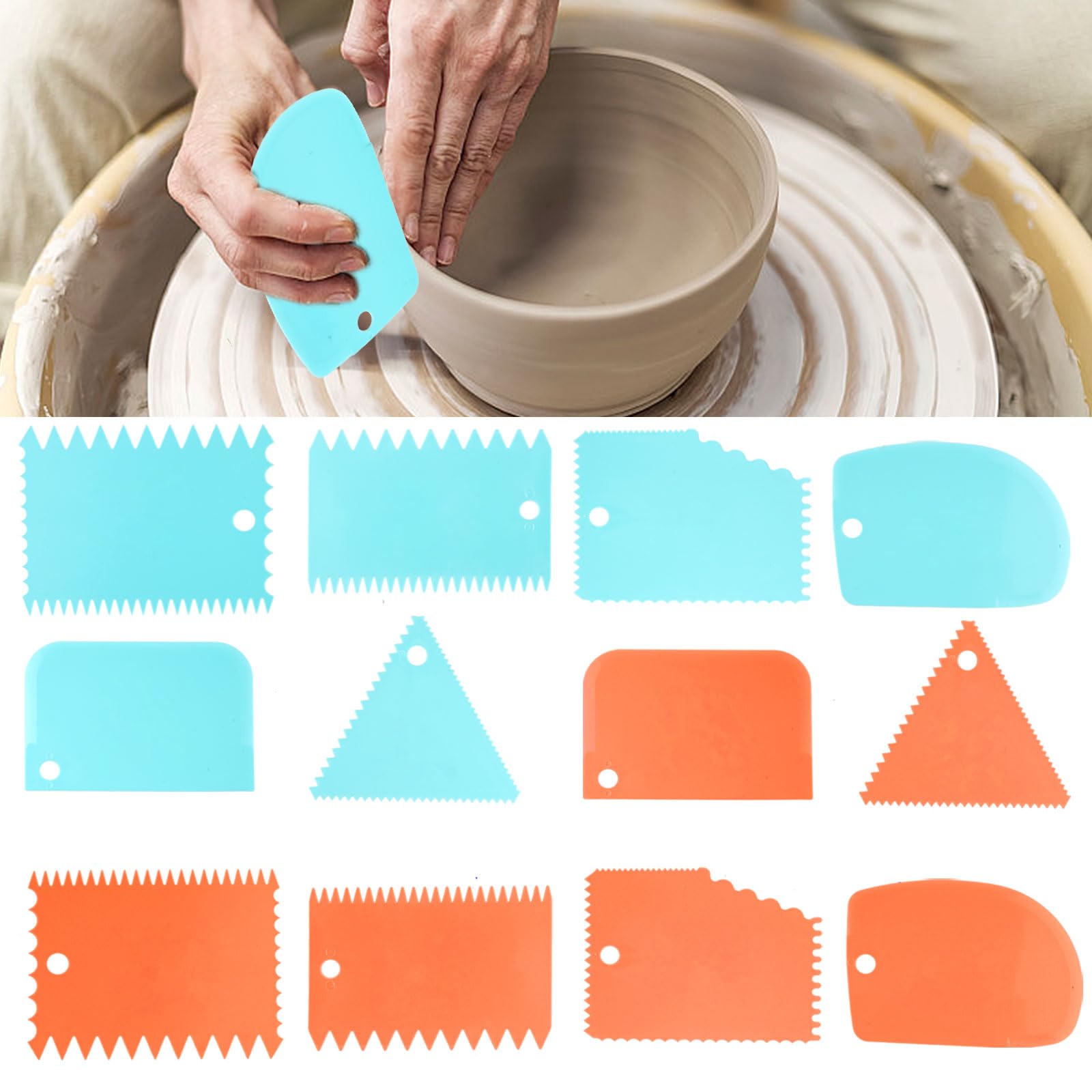 12pcs Plastic Clay Scraper, Pottery Clay Scraper, Sculpture Scraper， Ceramic Serrated Tools for Pottery Ceramics Sculpture Sculpting Texturing Modeling (Blue, Orange)