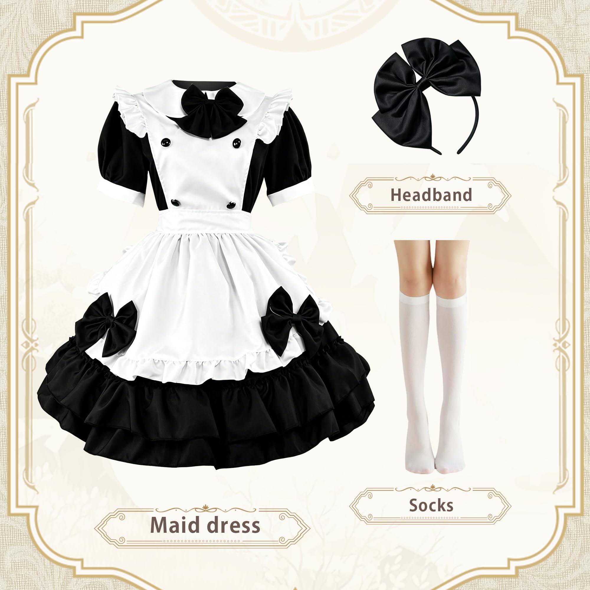 Luckyou Anime French Maid Dress Damen Maid Outfit Mit Schürze Bögen und Socken Niedliche Maid Kostüm für Karneval Halloween Mottoparty Cospaly