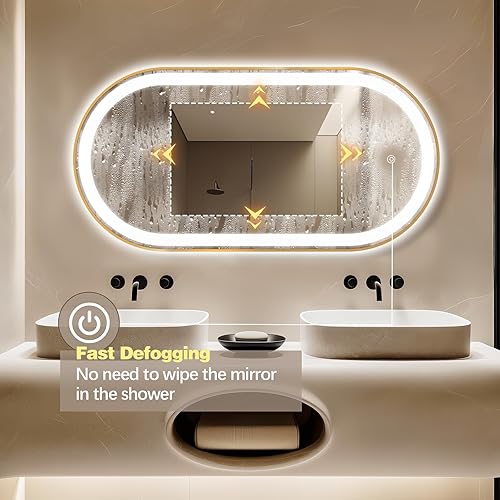 Miniatura 32 de Espejo de baño LED ovalado de 32 x 20 pulgadas con luces, espejo de tocador negro con luz antiniebla montado en la pared, espejo ovalado LED