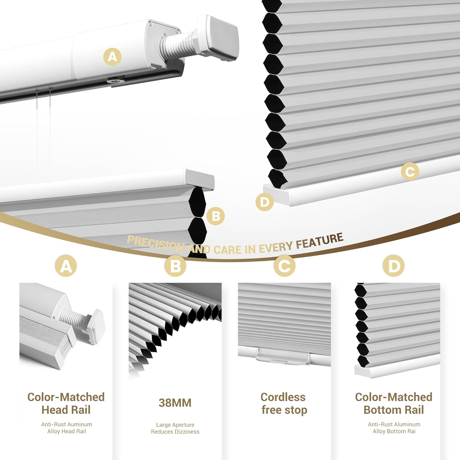 similar no drill no tools blackout cellular shades top down bottom up cordless window blinds easy to install honeycomb blinds for indoor windows,bedroom,blackout white,36\" w x 78\" h