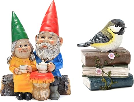 Couple Coffee Gnome & Cute Garden Bird Statue for Outdoor Decor