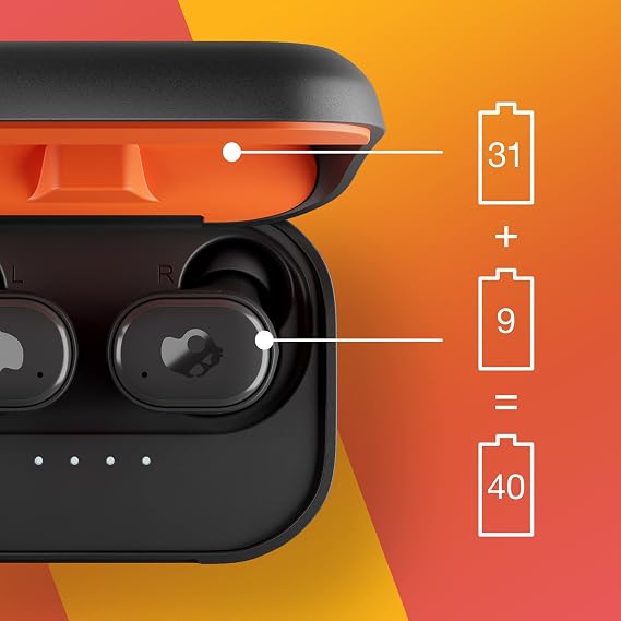 Skullcandy Grind Fuel Wireless Earbuds, Bluetooth Headphones, Up to 40 Hours Battery, Noise Isolating Fit, Wireless Charging Case, Microphone, Customizable via Skull-iQ App - True Black/Orange