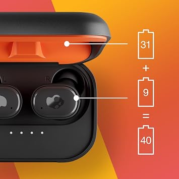 Skullcandy Grind Fuel Wireless Earbuds, Bluetooth Headphones, Up to 40 Hours Battery, Noise Isolating Fit, Wireless Charging Case, Microphone, Customizable via Skull-iQ App - True Black/Orange
