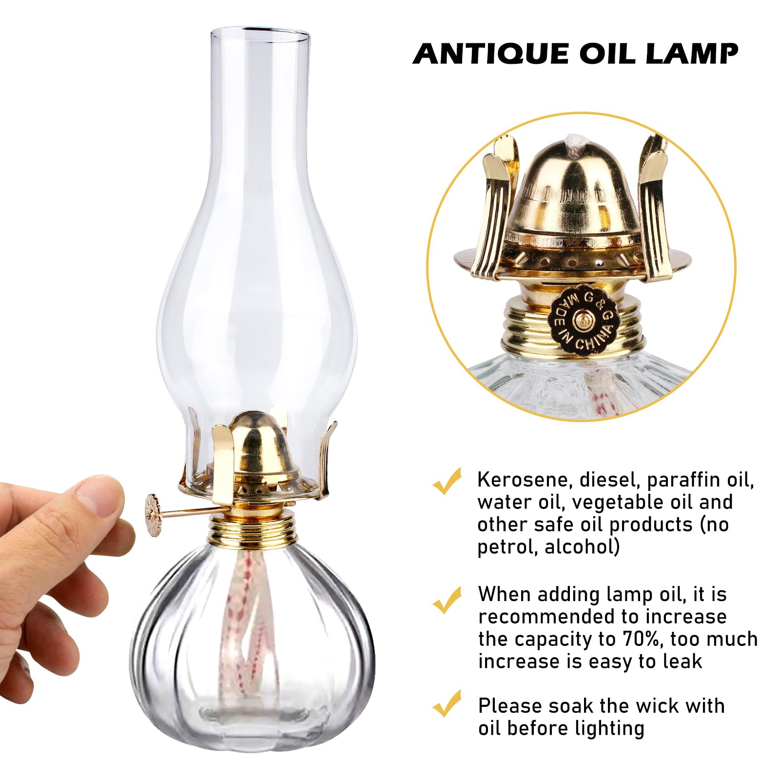 Lampada a cherosene in vetro per interni, 2 pezzi di lampade a olio di vetro, lampada a olio di cherosene vintage, lampade classiche a cherosene con fiamma regolabile, lampada