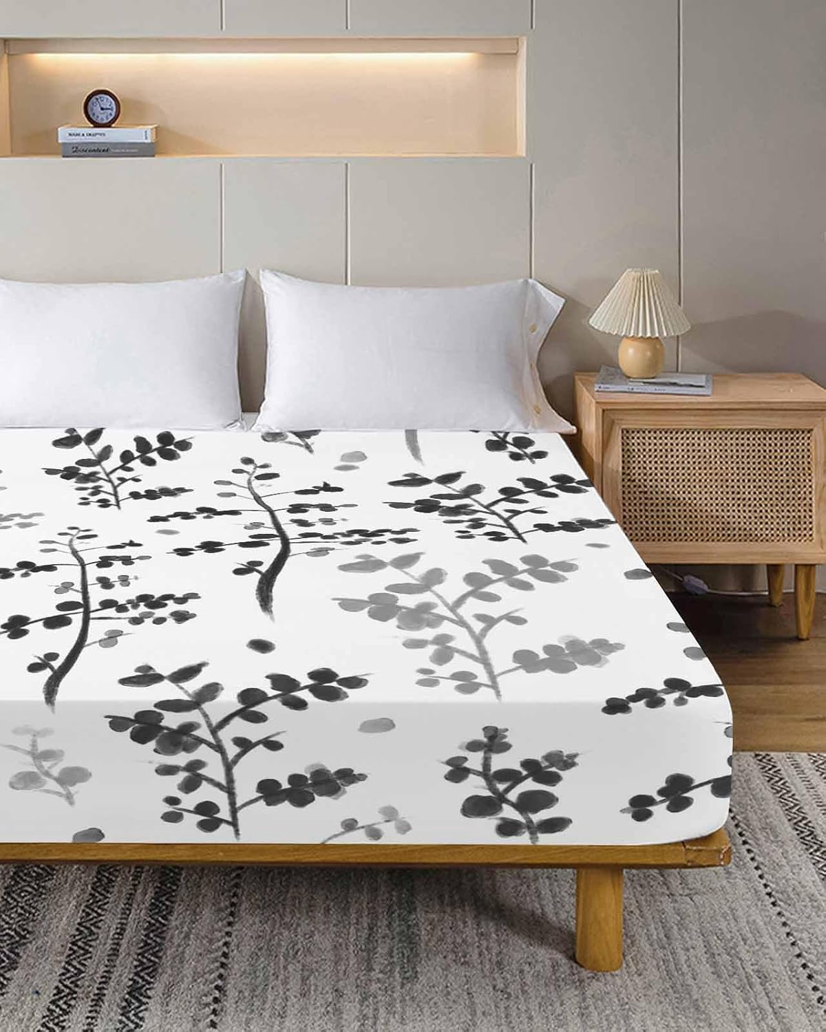 Top Sheet King Bedding Flat Sheet Only, Farmhouse Black Leafs Microfiber Bed Sheets Soft Breathable Bedding Flat Sheets, Country Style Plants Hotel Luxury Top Sheets