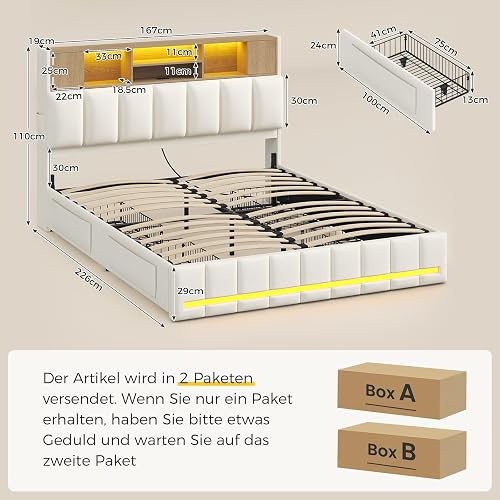 KIMENICH Lit 160 x 200, Lits Double avec LED et Multiprise, Cadre de Lit en Métal avec 4 Tiroirs, Tête de Lits en Bois Capitonnée avec 7 Compartiments, Lits 160 x 200 avec Sommier et Rangement, Blanc - 9