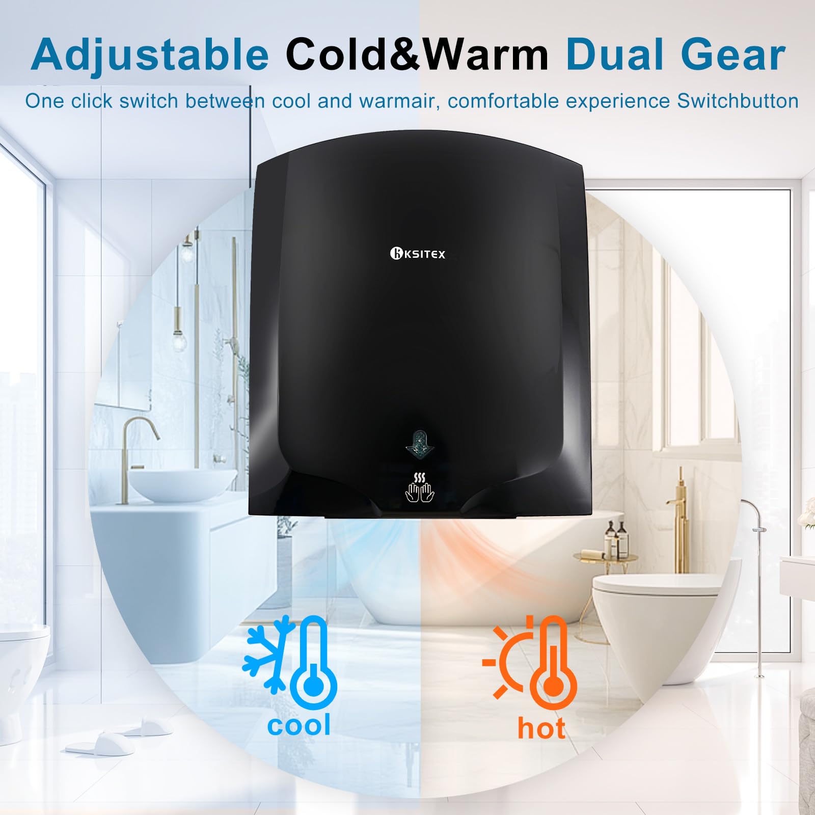 Asciugamani Elettrico Commerciale, Asciugatura Alta velocità Fredda e Calda, Asciugamani a Muro con Luce Pilota Elettrico Automatico per Bagno, Hotel, Ristorante, Cucina, 1400 W, Nero