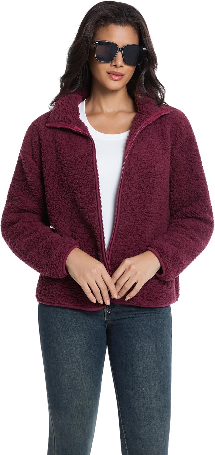 Sherpa Fleece Oversize Jacket for women, Light weight Plush Teddy Fleece Coat with Stand Collar, Spring outfits
