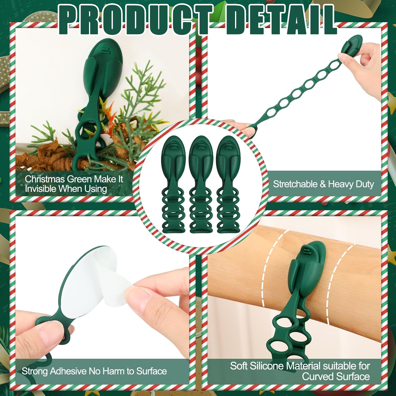 Cinnvoice 24 Pack Christmas Garland Hanger for Mantle Christmas Garland Hooks Wreath Ties Fireplace Stocking Holder Reusable Silicone Adhesive Straps for Fireplace Staircase Front Door (Dark Green)