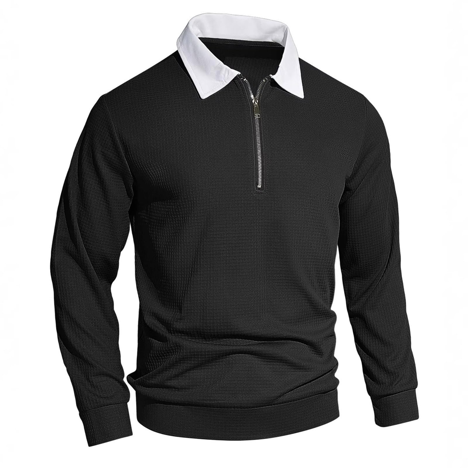 Polo à Manches Longues Homme Demi-zippé en Tissu gaufré, col contrasté, Coupe décontractée Douce et Chaude, modèle Classique adapté Quotidien et mi-Saison