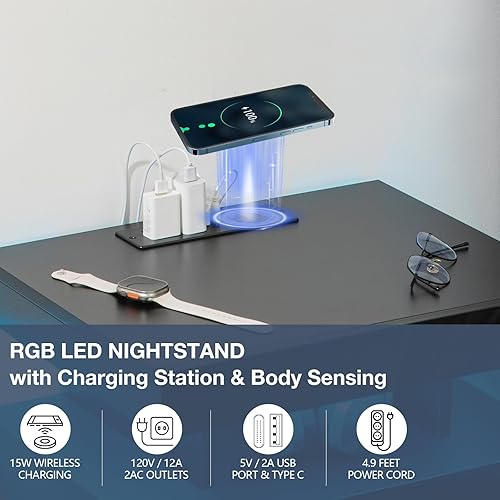 Miniatura 28 de HOMMPA Mesita de noche LED con estación de carga inalámbrica y puertos USB, soporte de noche de 3 cajones con luz LED RGB de brillo ajustable,