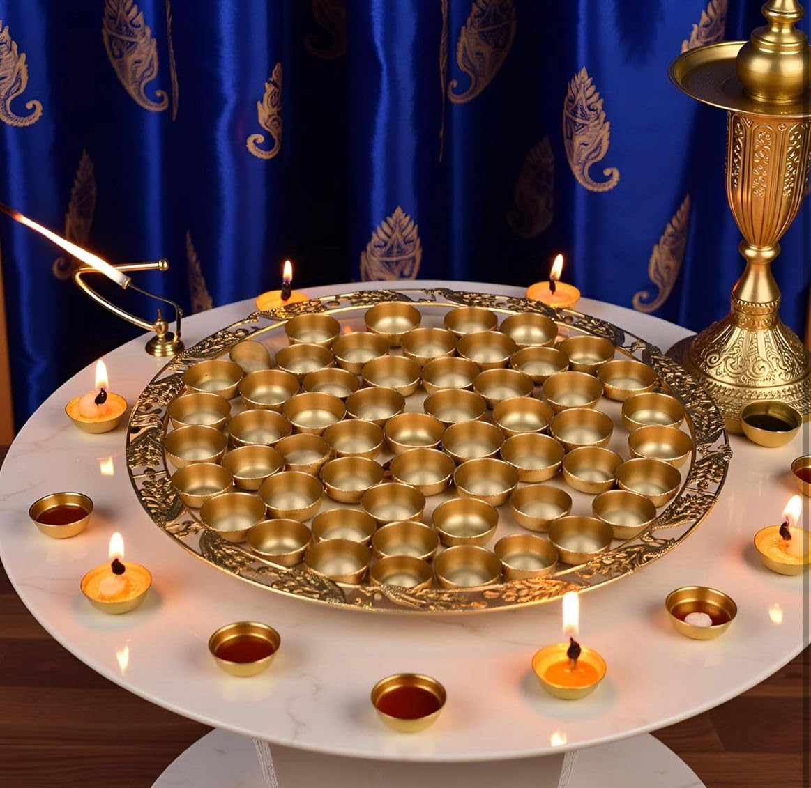 Decorative Brass Diya Tray with Oil Lamp Cups, Round Embossed Puja Thali, Gold Finish Traditional Diwali Decoration & Home Temple Use-image-0