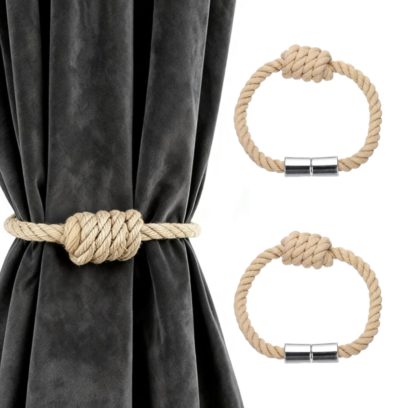 2PCS Magnetic Curtain Tie Backs Cream, No Drill Cotton Rope Curtain Tiebacks 45CM, Strong Magnetic Curtain Ties, Boho Curtains Tie Back Rope for Living Room Bedroom Home Decor