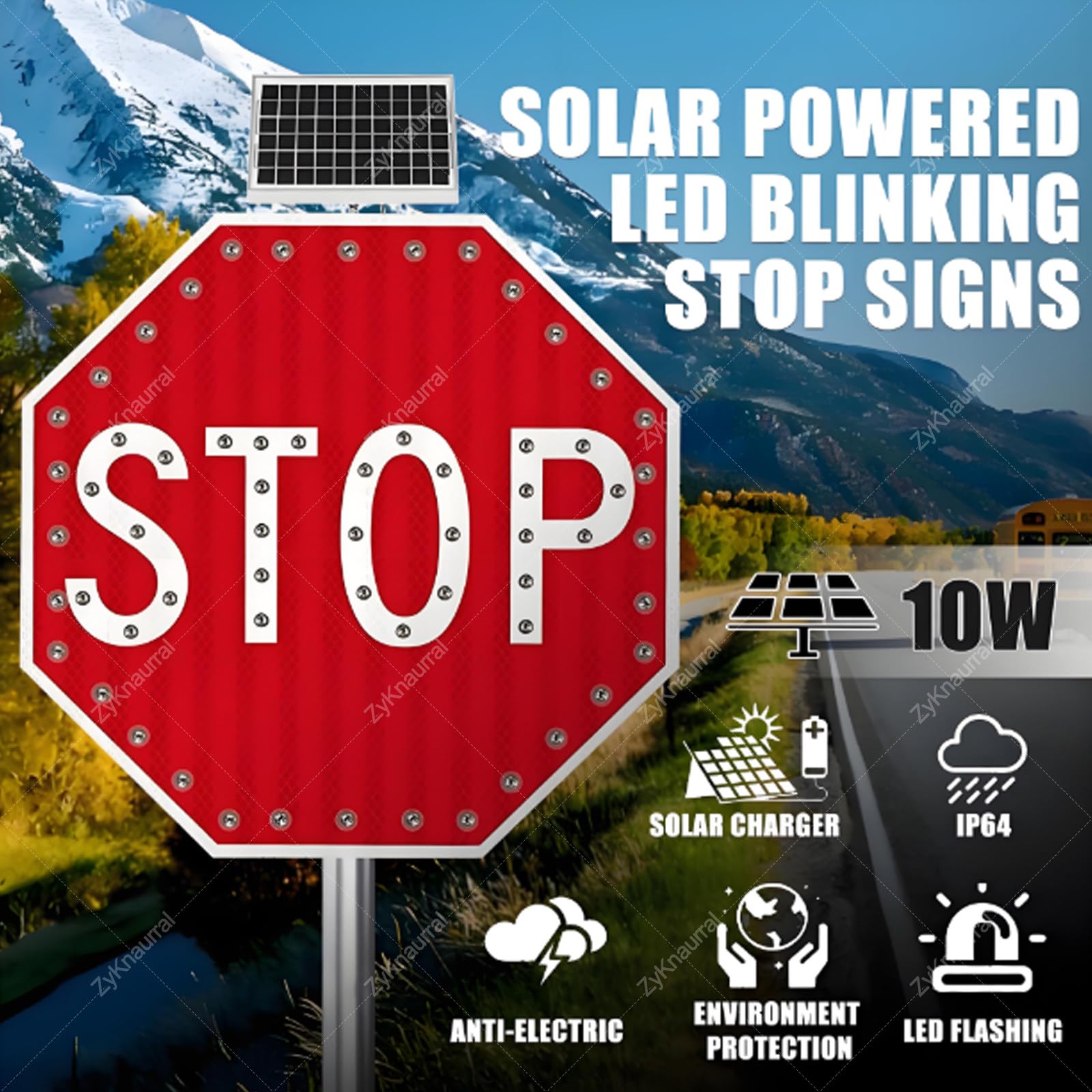 Señal de parada LED solar, señal de advertencia de tráfico intermitente reflectante de 61 cm para seguridad vial, funciona con energía solar con película reflectante de grado de ingeniero