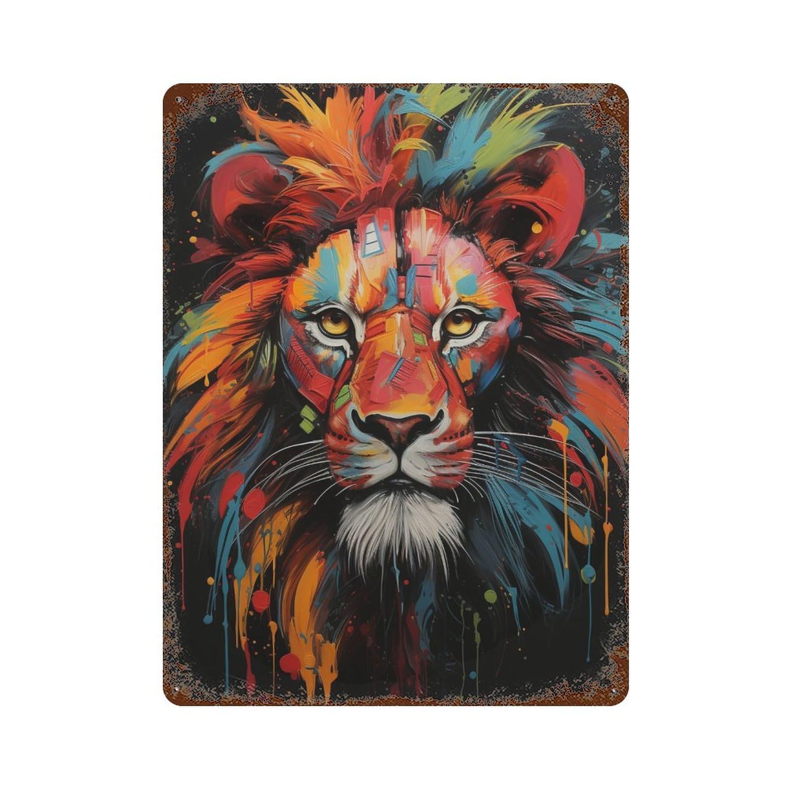 Colorful Lion Art Print 15.7"x11.8" Vintage Rust Metal Sign, Shabby Chic Decor for Cafe, Home Bar And Lounge Decor