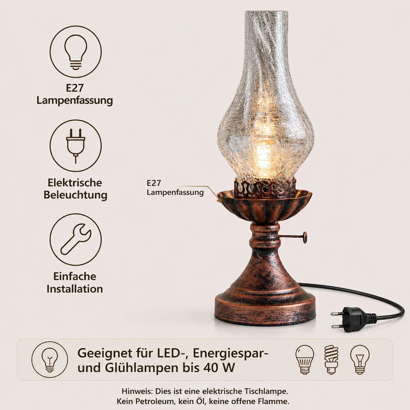 LANMOU Tischlampe Vintage im Petroleumlook, Riss Glas Schirm | E27 Elektrische Retro Petroleumlampe Nostalgische Nachttischlampe im Öllampen-Design, 110 - 240 V, H 40cm