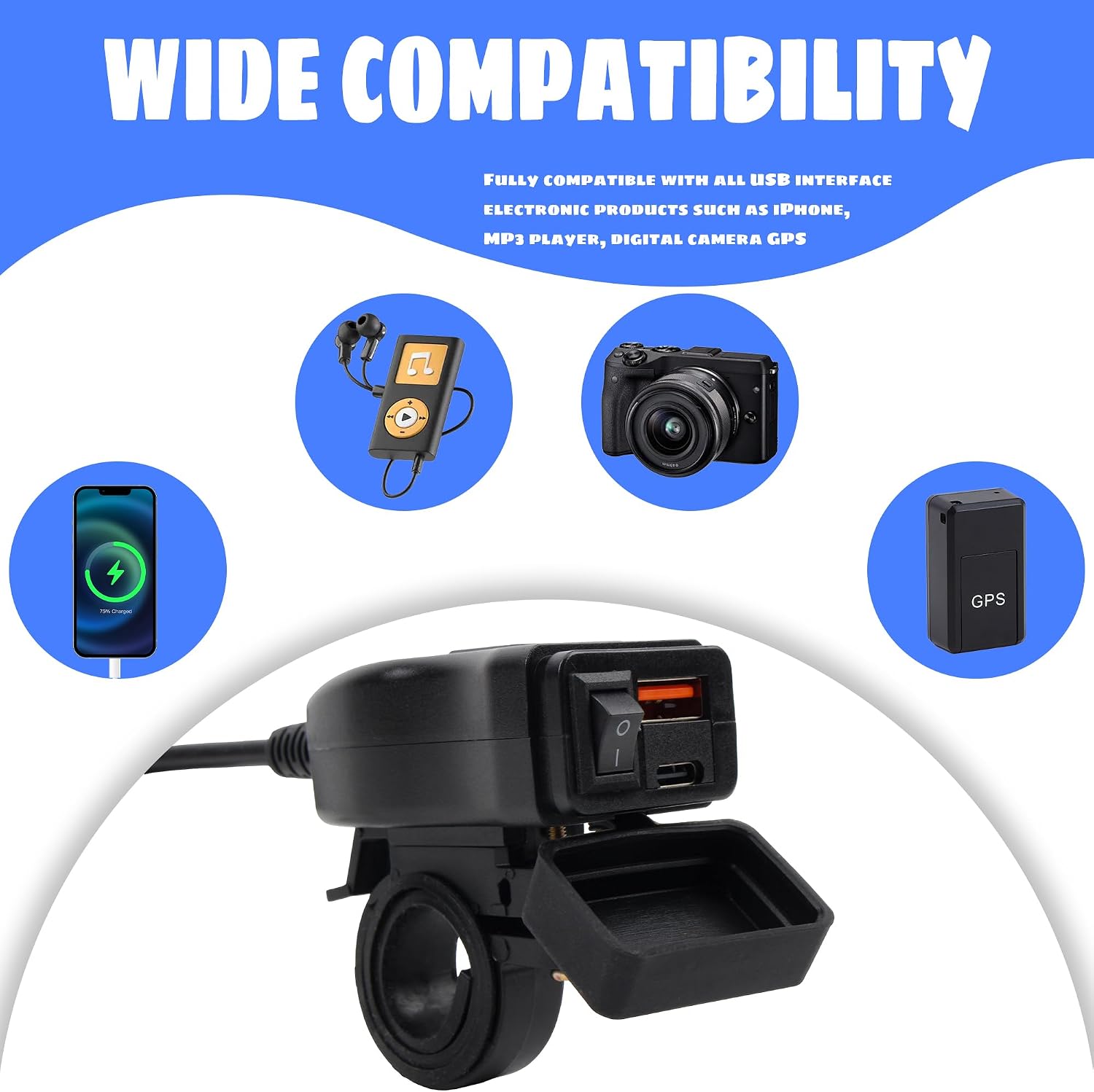 Motorcycle USB Charger QC 3.0 Phone Charger Dual USB Type C Voltmeter Switch Compatible with Phone Tablet Black