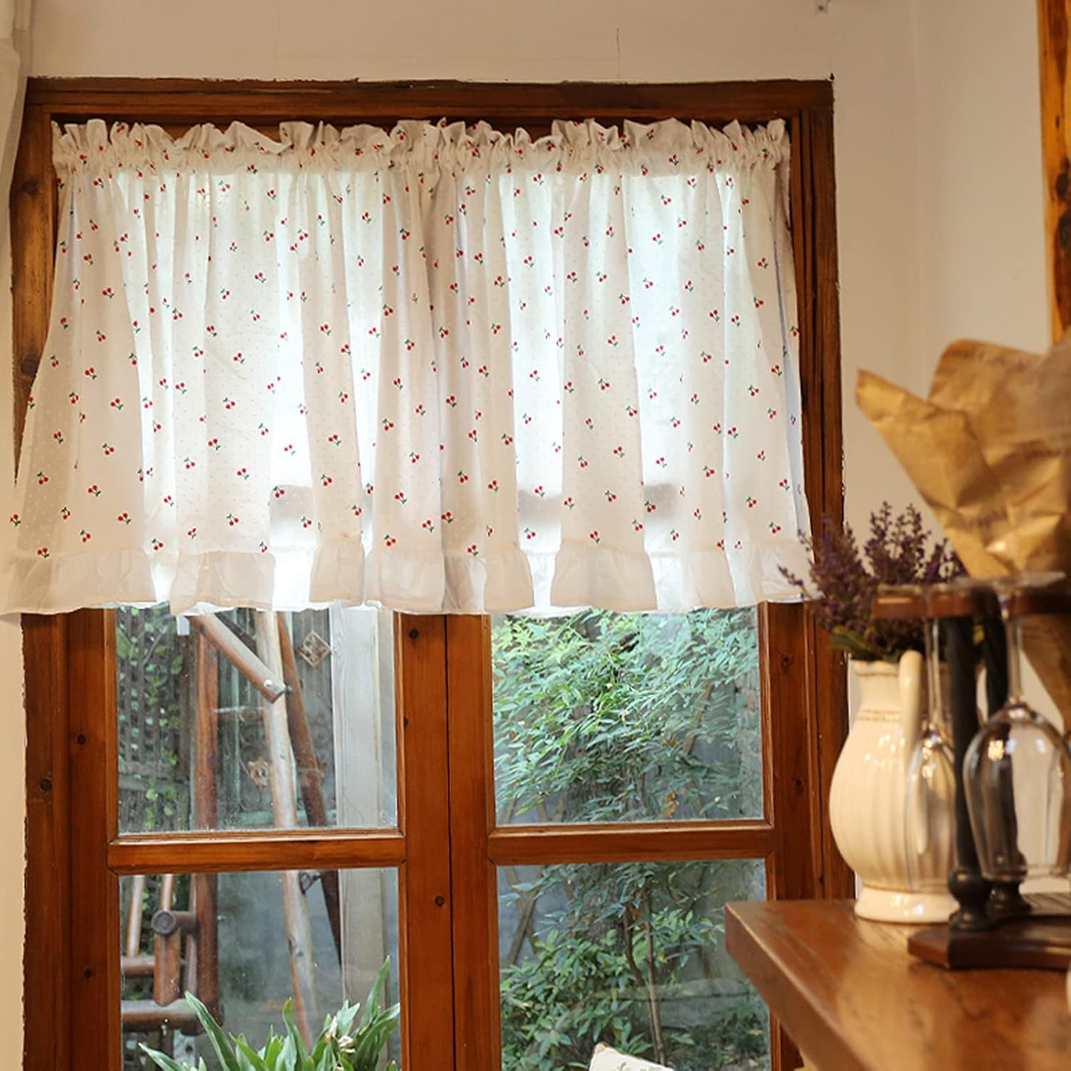 Short Kitchen Curtains, Cafe Semi Sheer Tier Curtains, White Cotton Curtain Valance cherry print Rod Pocket Rural style, for Living Room, Bathroom, Window, Cupboard ( Size : W135xH100cm/53x39.3in )