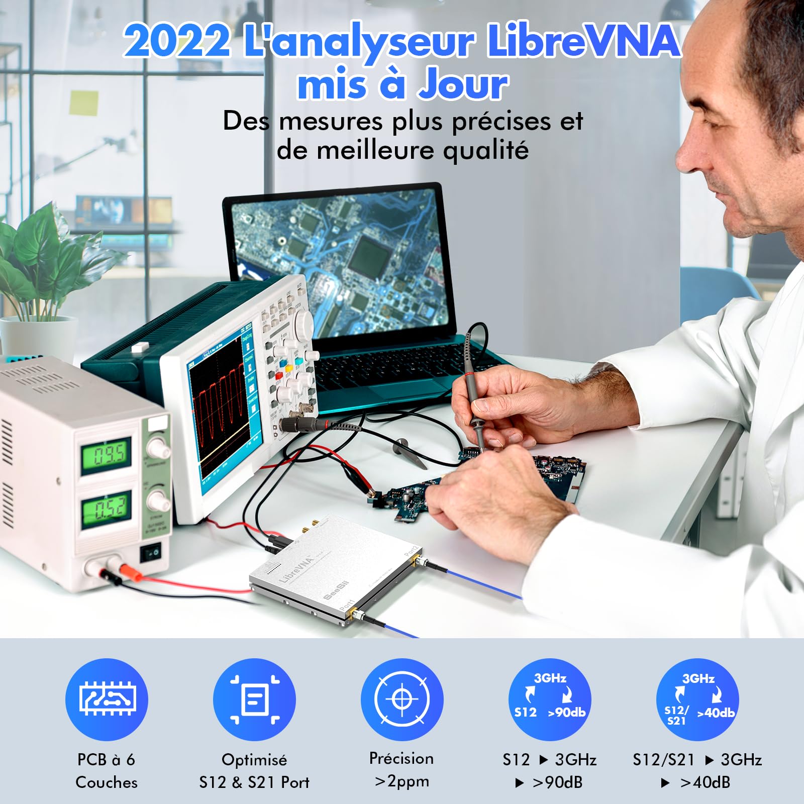 Seesii LibreVNA 2,0 Analyseur de Réseau Vectoriel, NanoVNA Analyseur d'antenne 100kHz-6GHz 2022 Amélioré USB 2 Ports Complets avec Entrée/Sortie de Référence Externe pour Paramètres S Complet