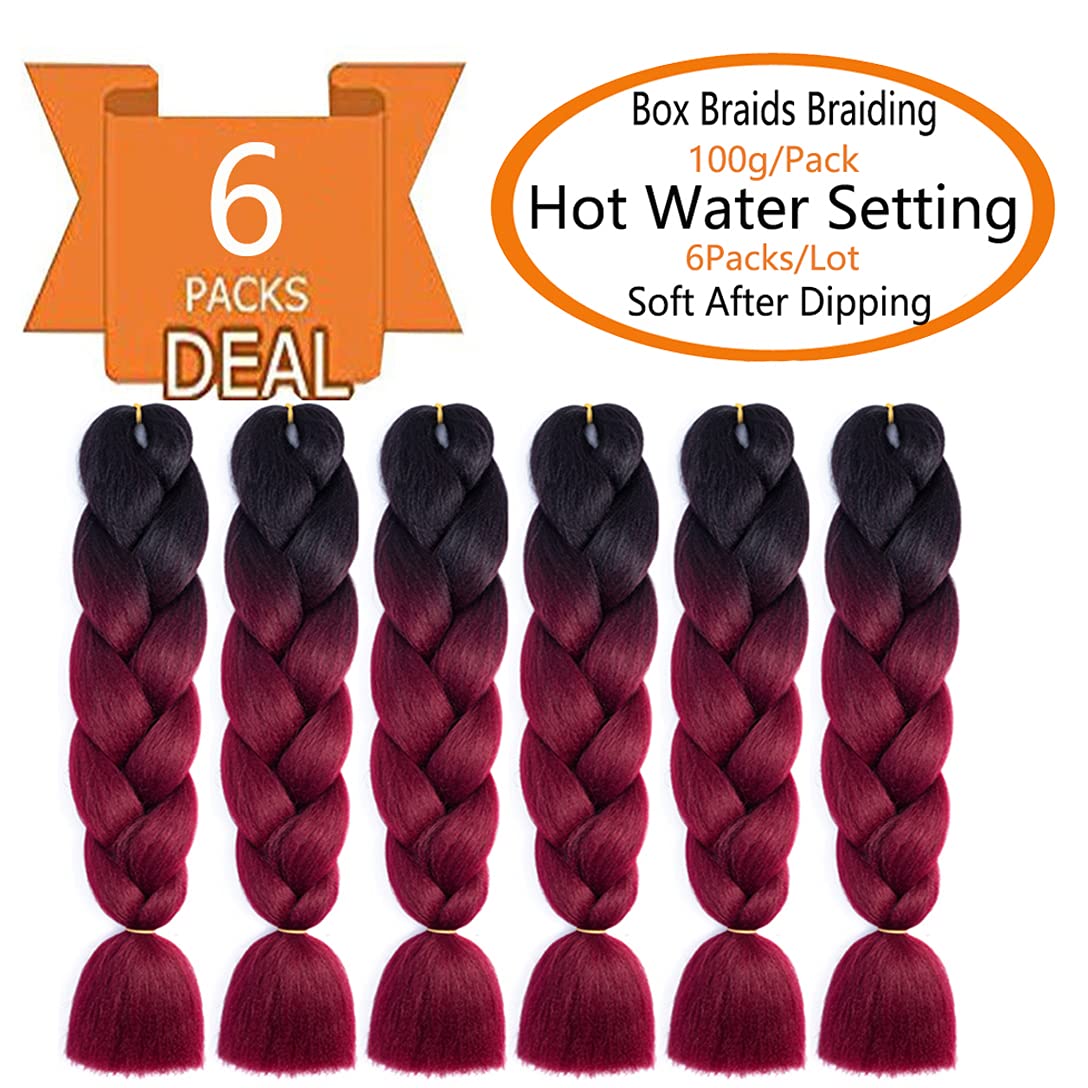 6 Packs Ombre Jumbo Braiding Hair Extensions 24 Inch High Temperature Synthetic Fiber Hair Extensions for Box Braids Braiding Hair (Black to Wine Red)