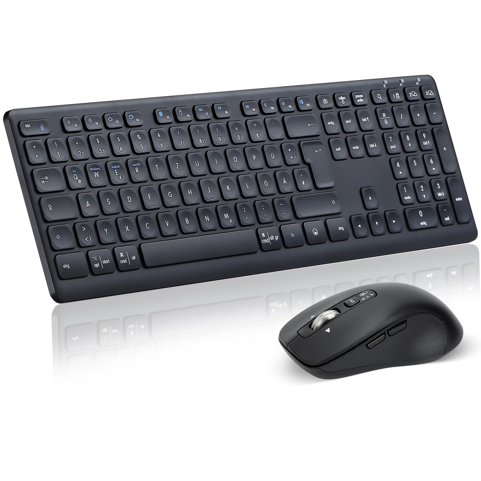 CITLLA M9300 Kabelloses Tastatur Maus Combo, 2-in-1 USB Empfänger und Zwei Bluetooth, 18-Monate Batterielaufzeit, Deutsches QWERTZ-Layout für Computer, Laptops,PC, Büros
