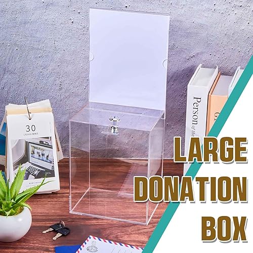 Miniatura 4 de Sweetude Paquete de 2 cajas de donación de acrílico con candado, tarros de punta alta de 8.2 x 6.7 x 5 pulgadas, urna de sugerencia con soporte para