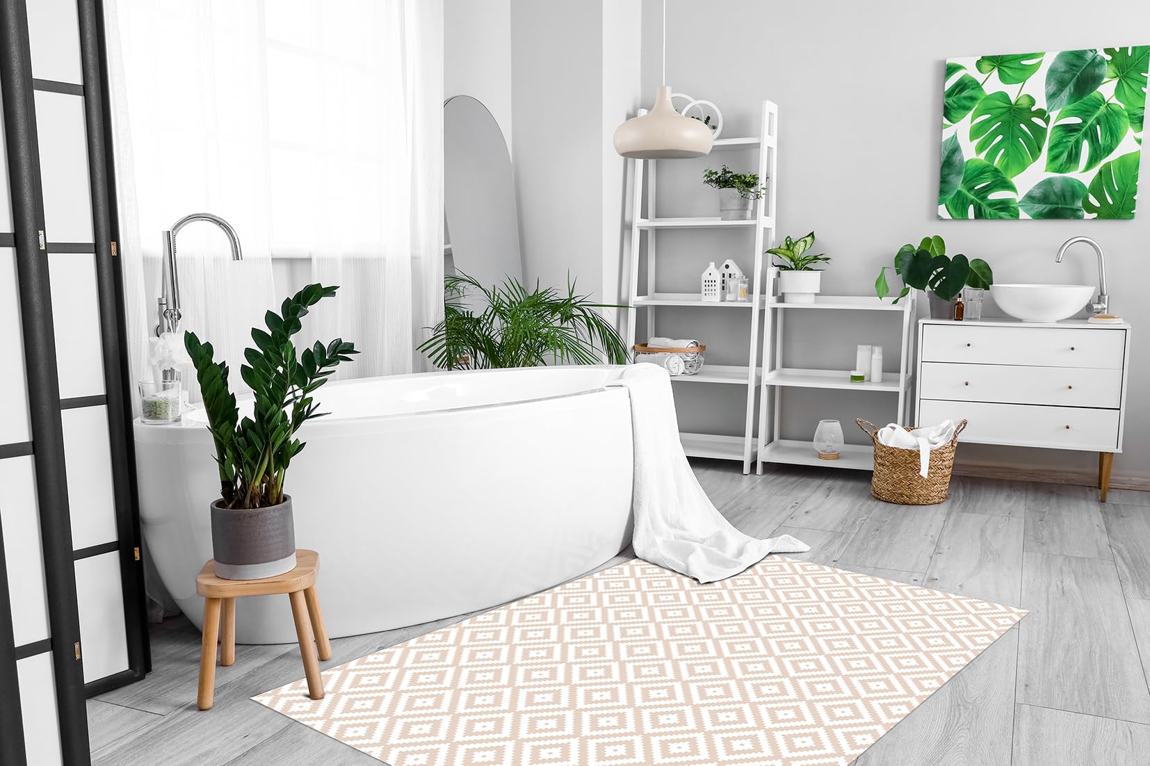 DobleUve Estudio Vinyl Teppich Geometrisch 08 | Beige | 100x100 cm | Waschbarer Rutschfester Küchenläufer | Vinylteppich | Vinylboden | Vinylteppich für Wohnzimmer