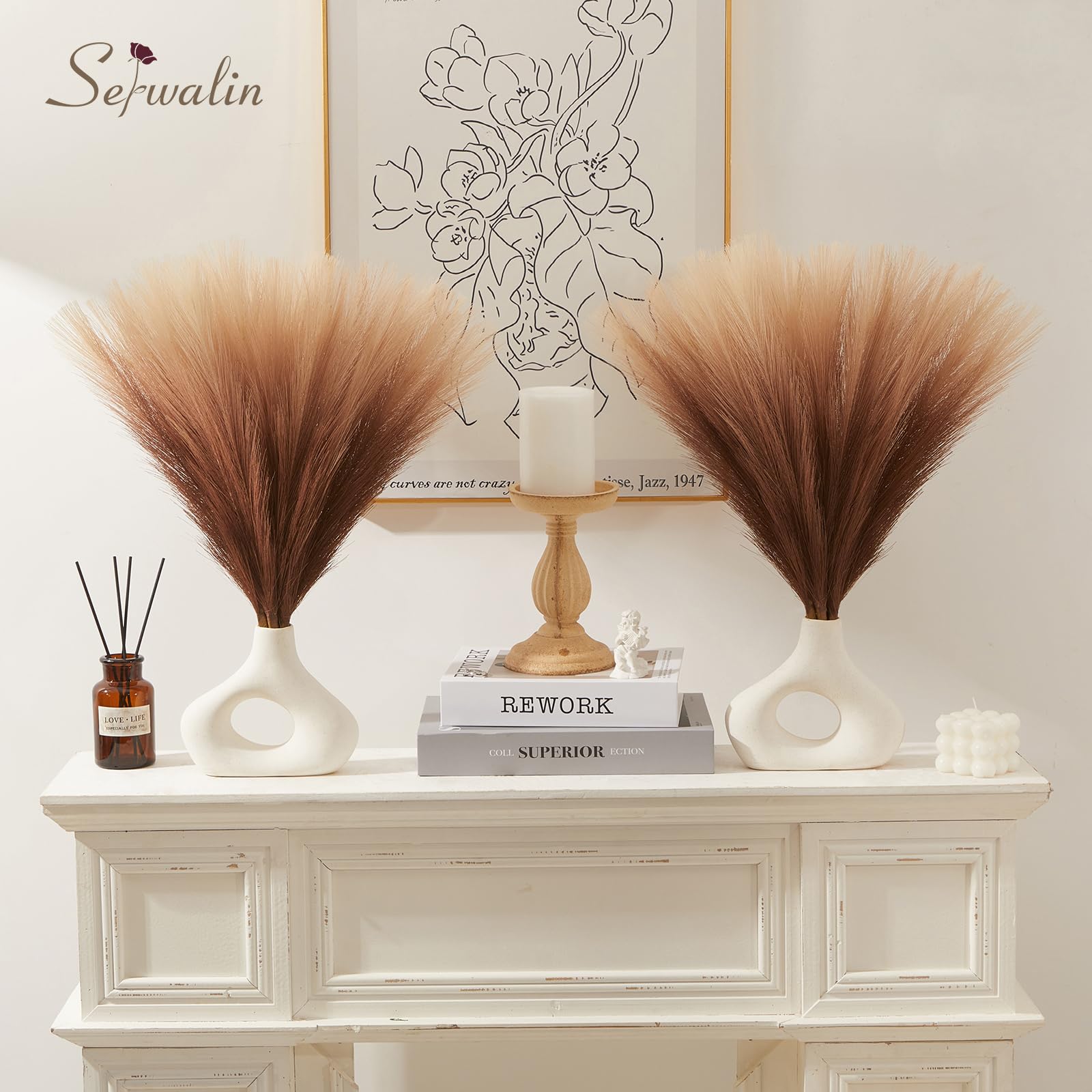 Serwalin Pampas Grass Decor 45CM 6PCS, Faux Pampas Grass Home Decor, Artificial Pampas Grass Blush Fake Pampas Decor - Image 3