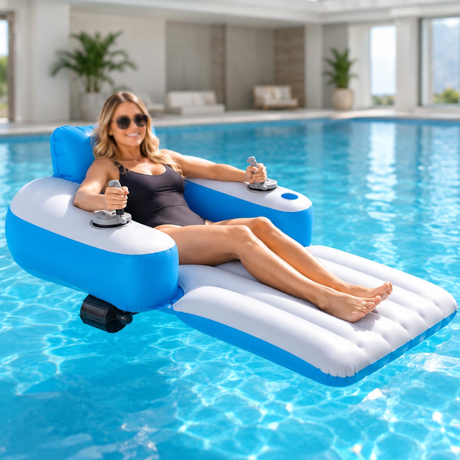 pealiritansemen Motorized Pool Float for Adults, Inflatable Water Lounger with 46W Thruster, Rechargeable 2600mAh Battery, 360° Steering, Cup Holder for Pool, Resort and Calm Lake B