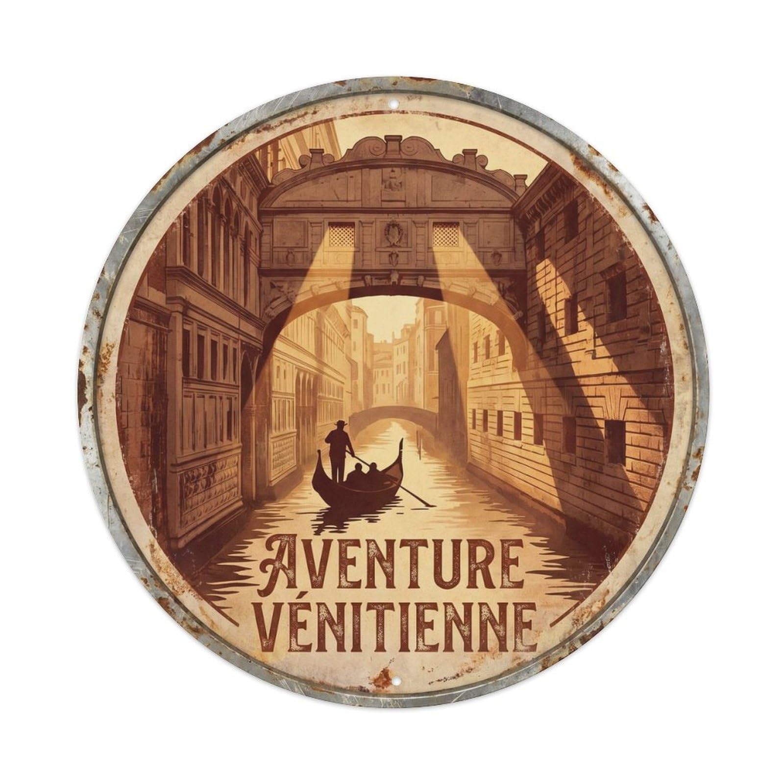 Venice Gondola Ride Vintage Canal Lagoon Italian Vacation Metal Tin Sign Plaque Wall Decor for Cafe, Man Cave, Club Bar, Office, Home Garden Round Metal Poster 8x8Inch